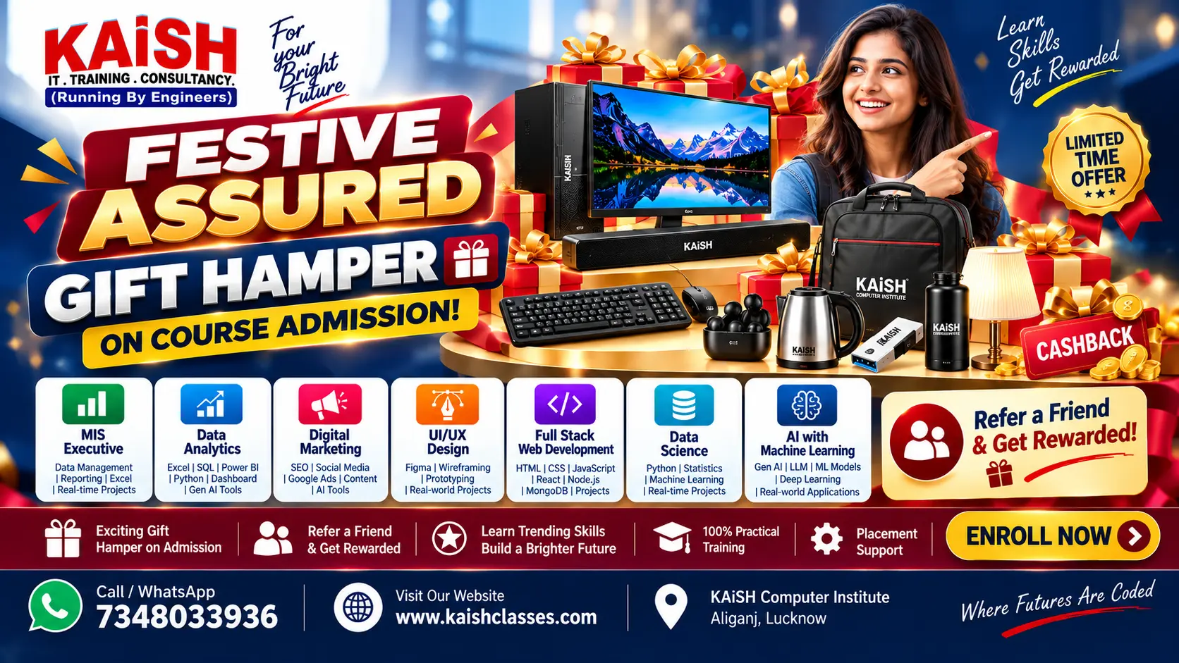 KAiSH Computer Institute Lucknow Festive Assured Gift Hamper Offer 2026 on MIS Executive, Data Analytics, Digital Marketing, UI UX Design, Full Stack Web Development, Data Science and AI with Machine Learning courses, with referral rewards valid till 28 October 2026.