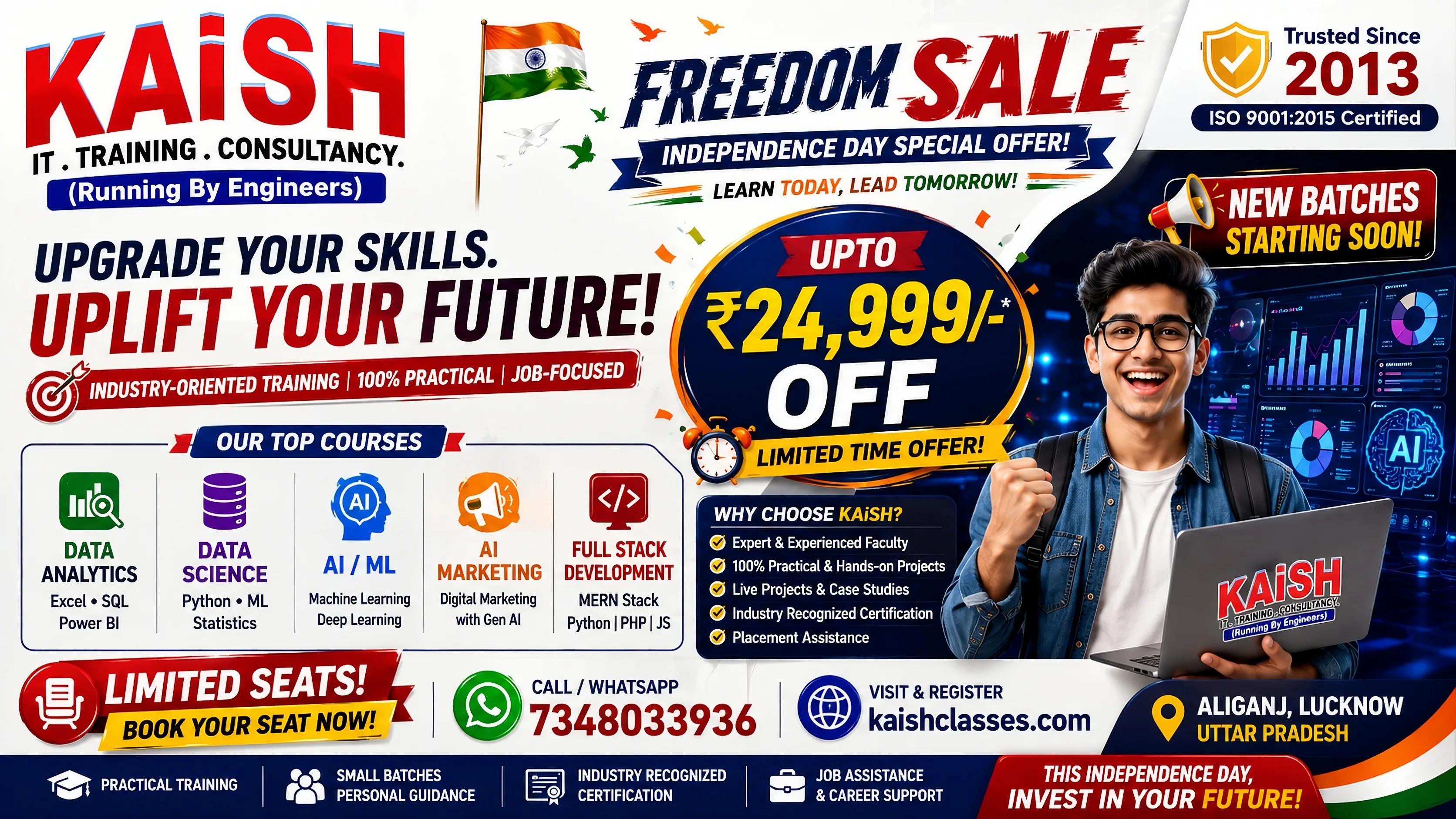 KAiSH Computer Institute Freedom Sale Independence Day Offer 2026 in Lucknow - Up to ₹24,999 OFF on Data Analytics, Data Science, AI ML, AI Marketing and Full Stack Development Courses