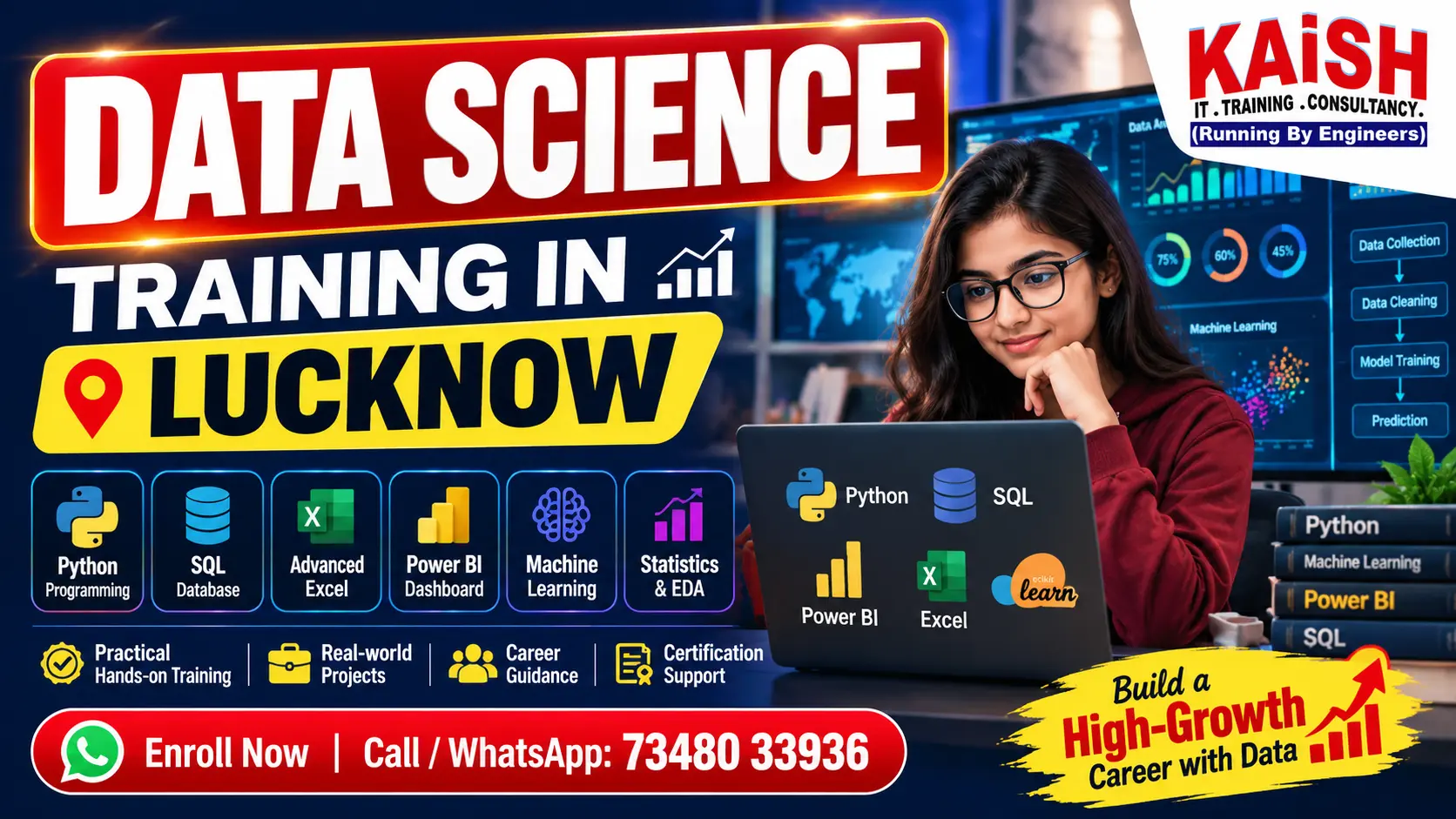 Data Science Training in Lucknow at KAiSH Computer Institute – Learn Python, SQL, Advanced Excel, Power BI, Machine Learning and Statistics with Practical Projects and Career Guidance.